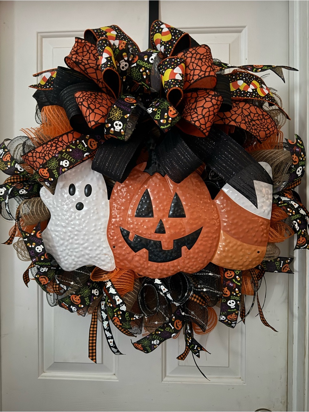 Halloween Pumpkin, Ghost & Candy Corn Door Wreath - Orange, White, Black